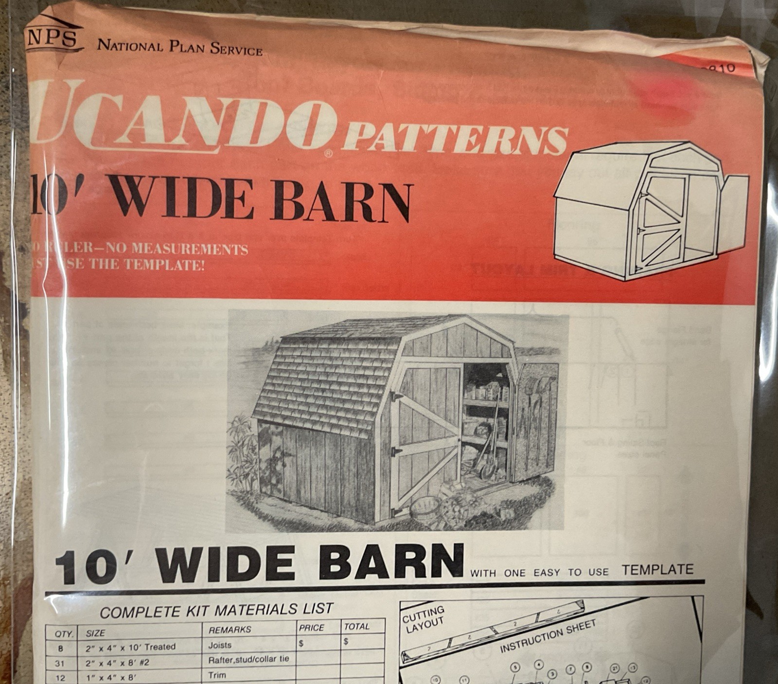 UCANDO U00810 10’ Wide Barn Plans Rebagged With Material List NOS W/Templete
