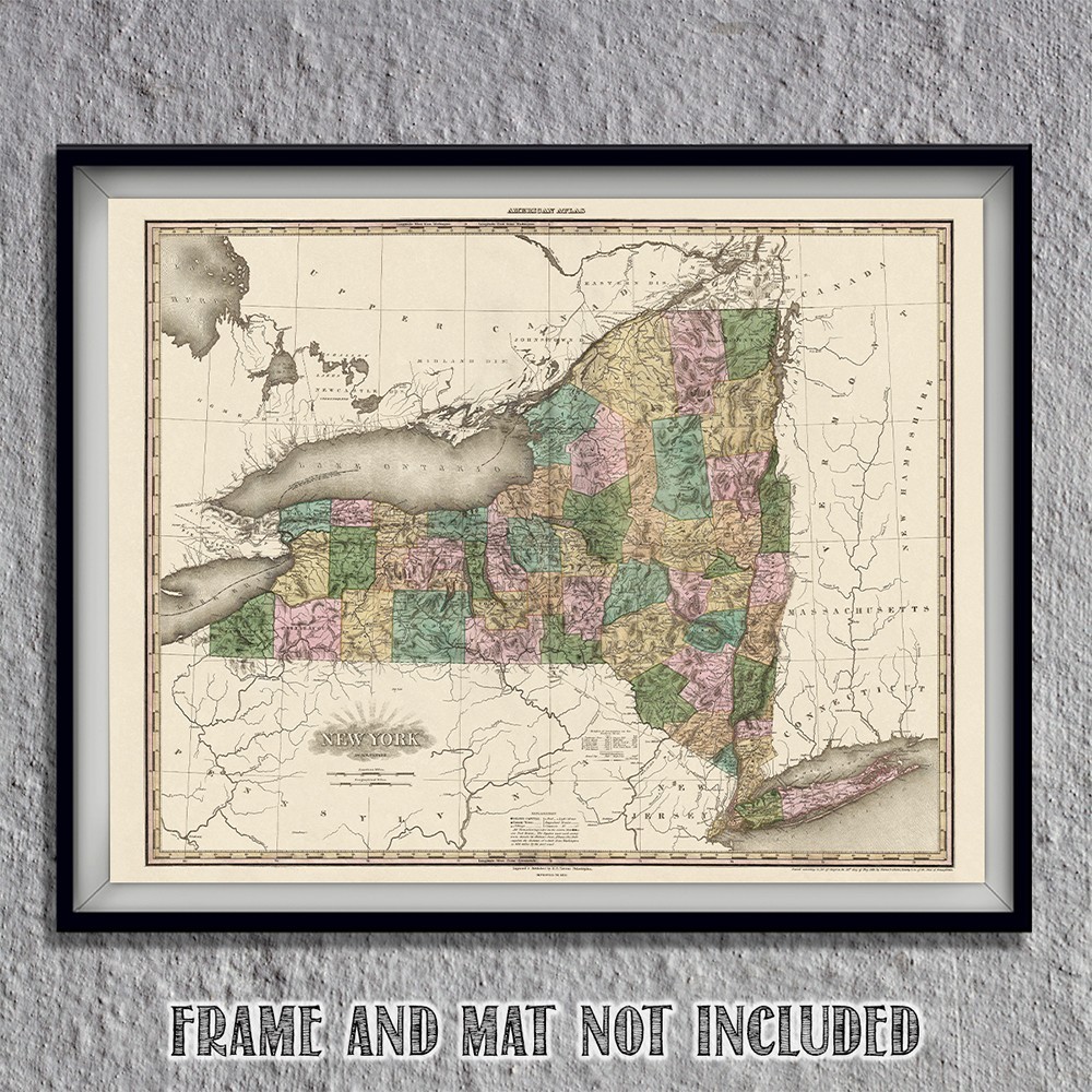 New York State 1823 Antique Map Vintage County Chart Historic Wall Art