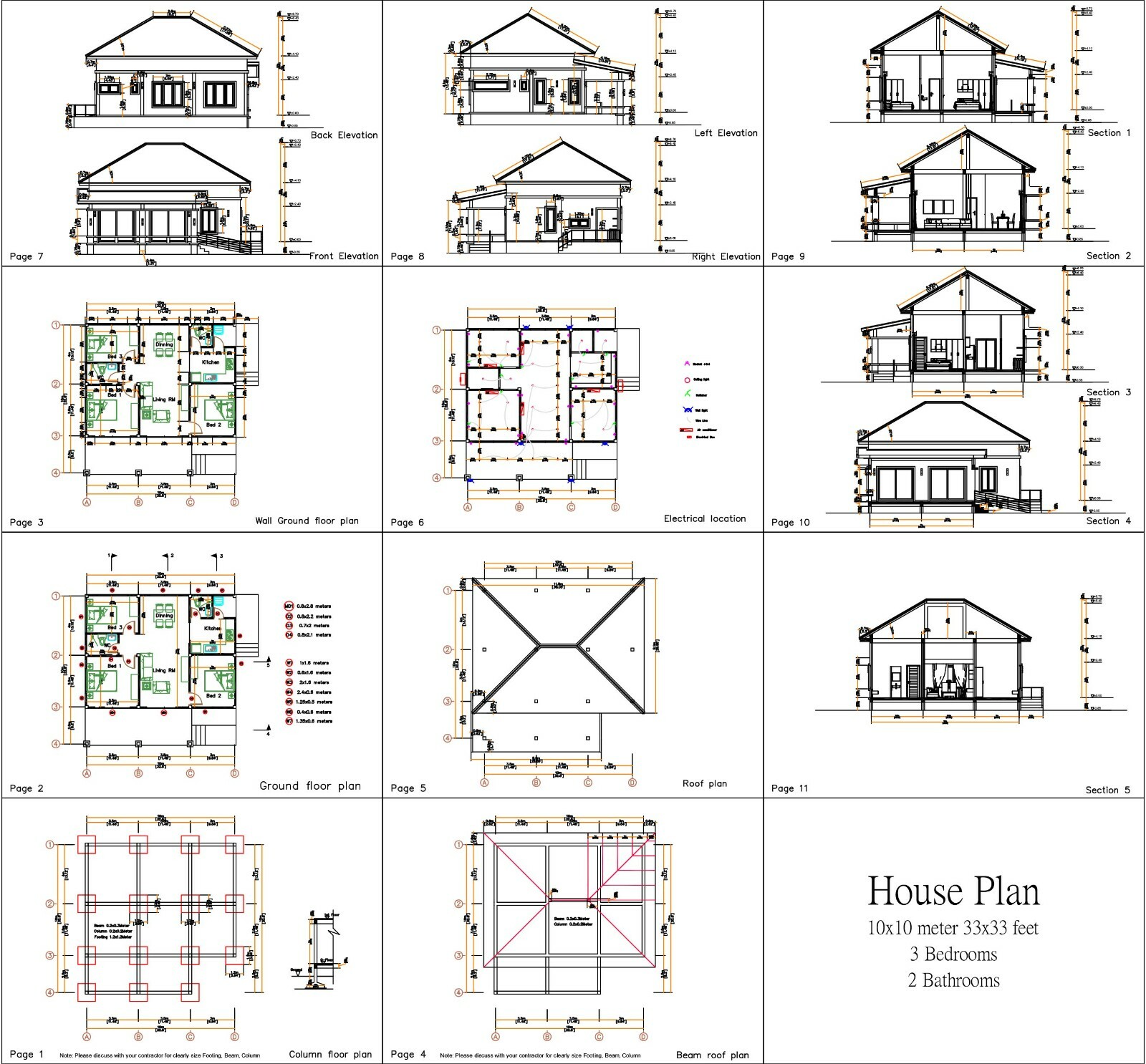 33×33 Feet House Plans 10×10 Meter 3 Bedrooms 2 Bath Hip Roof PDF (A4 Hard Copy)