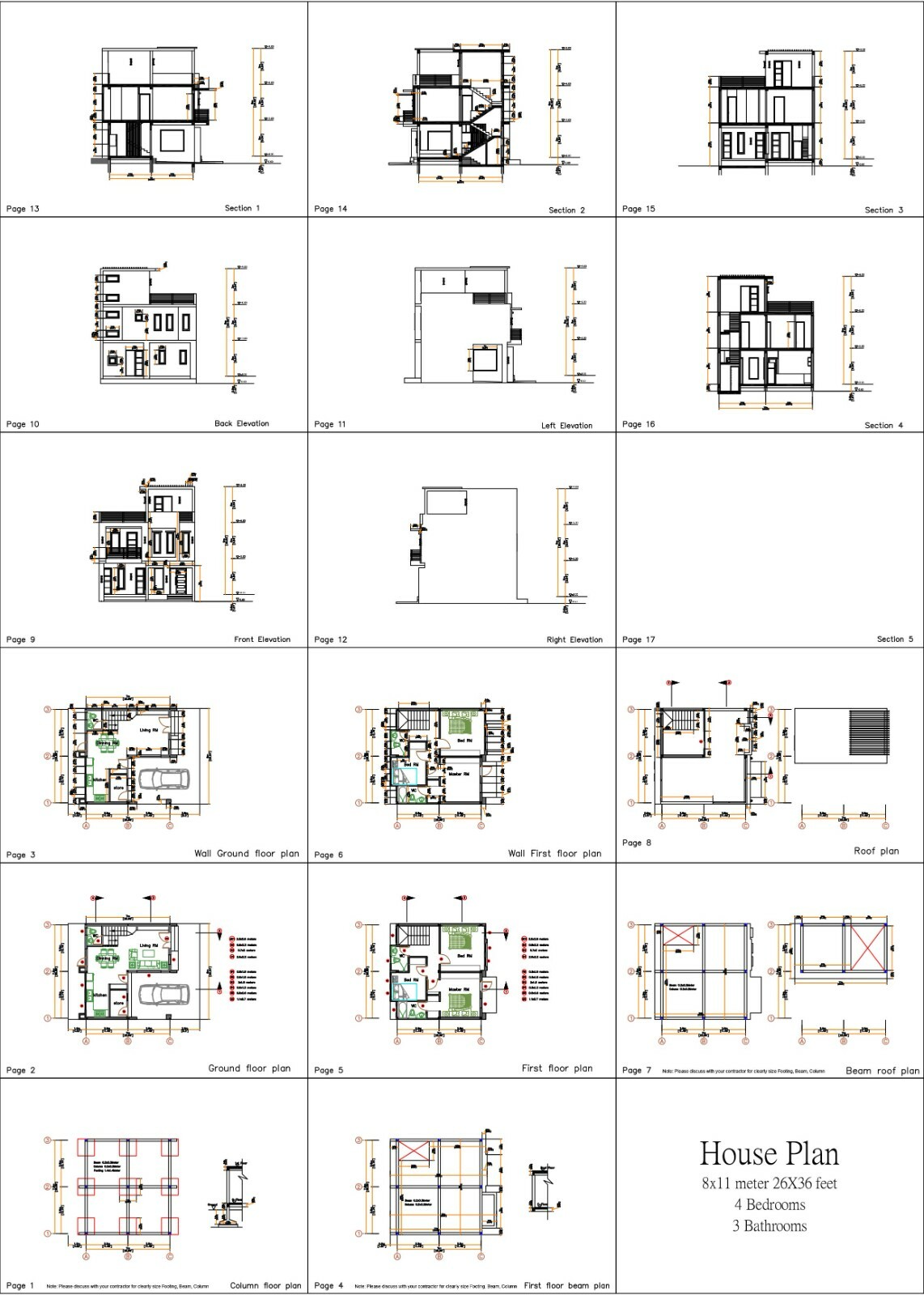 26×36 Small House Design 3 Beds 3 baths 8×11 Meter Terrace Roof (A4 Hard Copy)