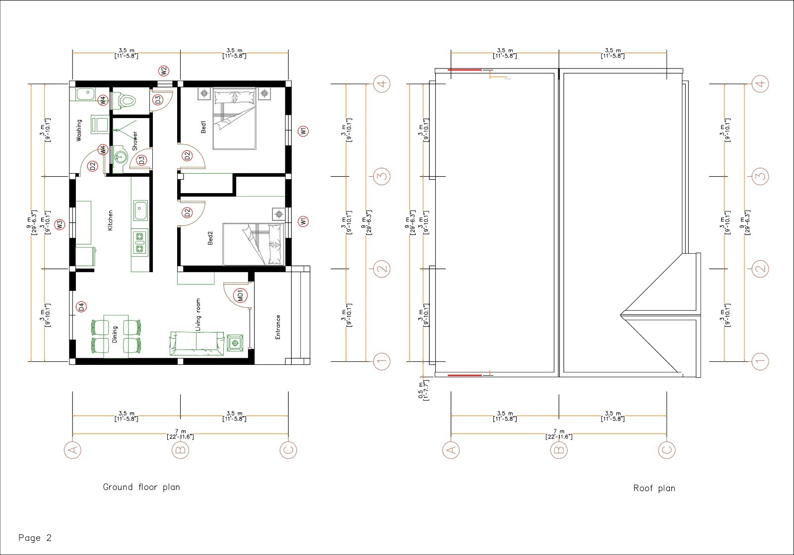 30×23 Feet Small House 9×7 Meter 2 Bed 1 Bath Gable Roof PDF Plan (A4 Hard Copy)