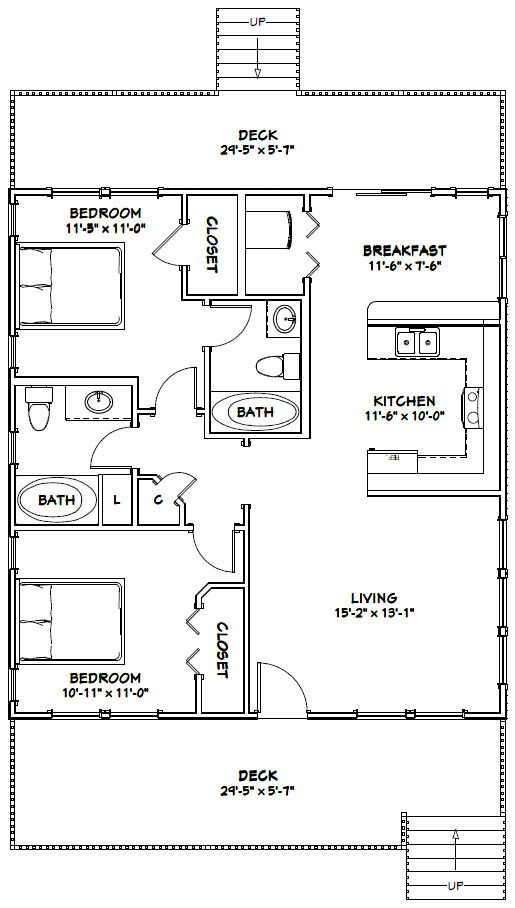 30×32 House — 2 bedroom 2 Bath — 960 sqft — PDF Floor Plan — Model 4