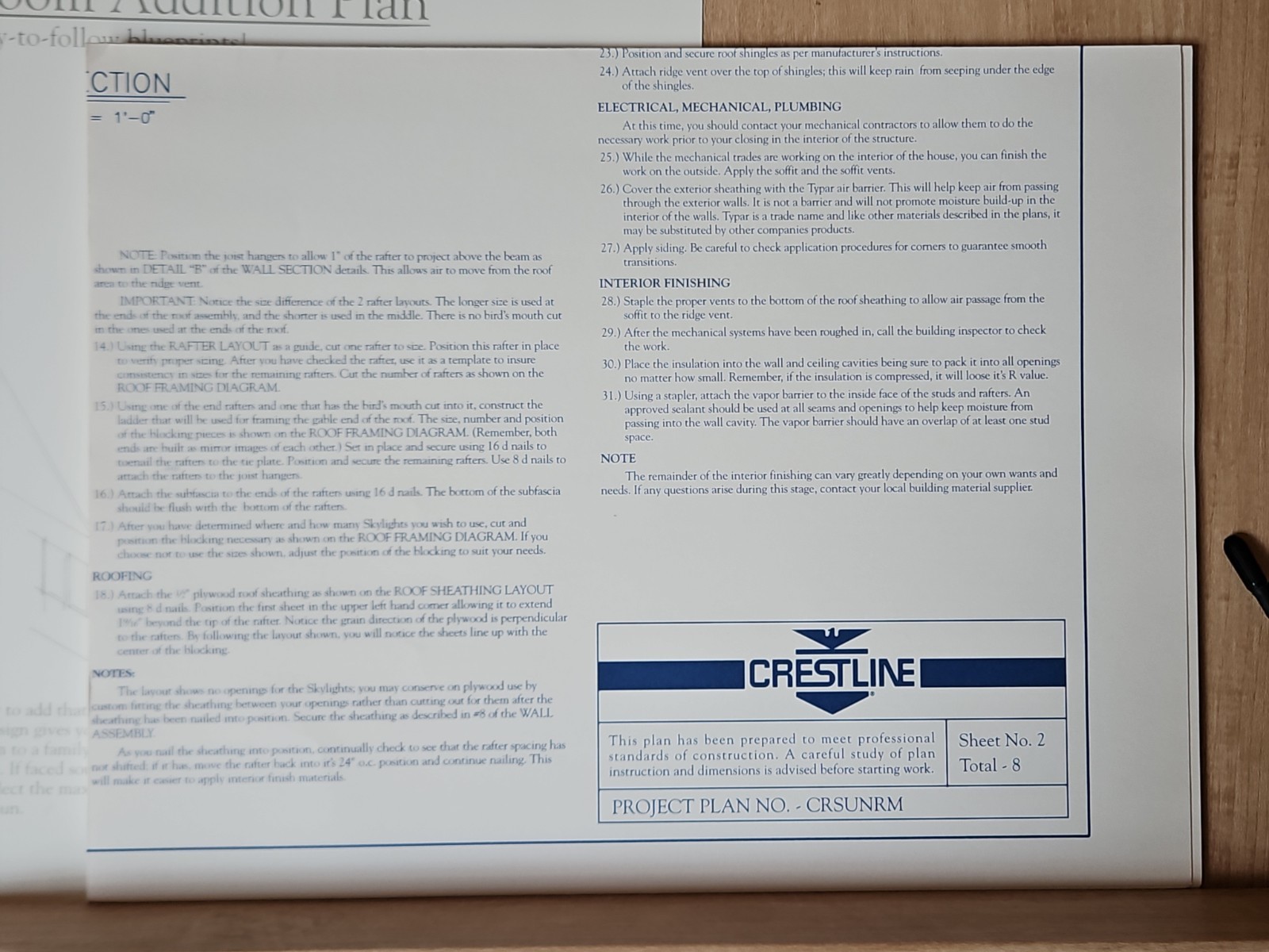 Crestline Room Addition Blueprints Complete Set Of 8