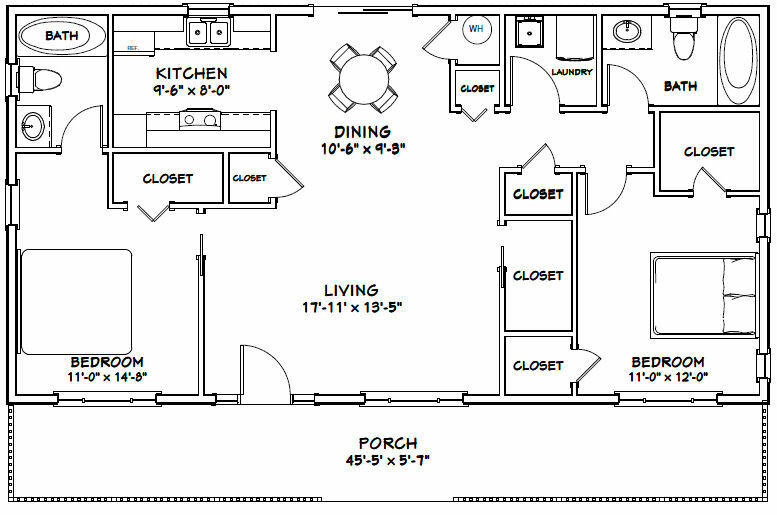46×24 House – 2 Bedroom 2 Bath – 1,104 sqft – PDF Floor Plan – Model 1A
