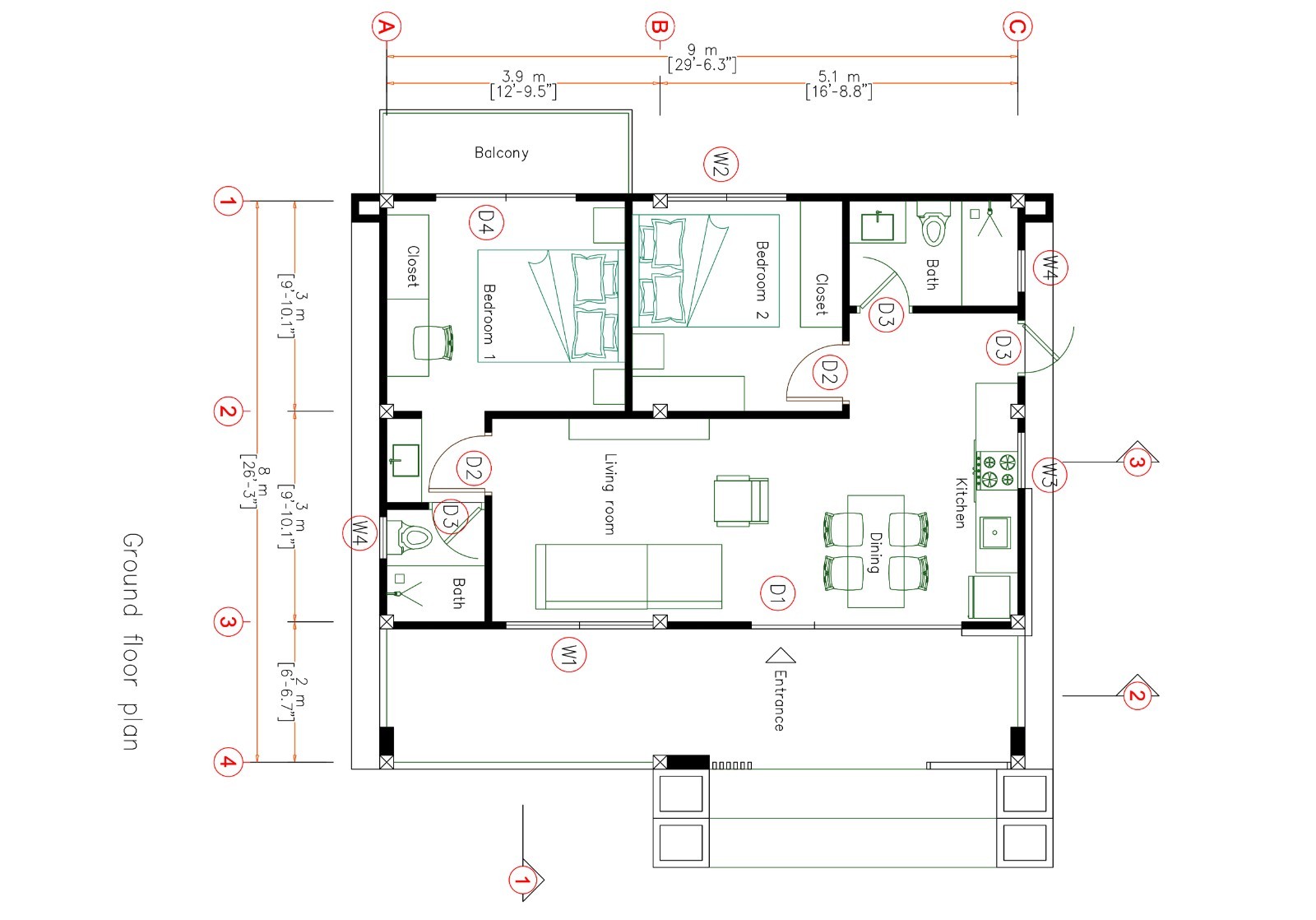 30×26 Small House Plan 2 Beds 2 Baths | 9×8 Mt Tiny Home CAD PDF & A4 Hard Copy