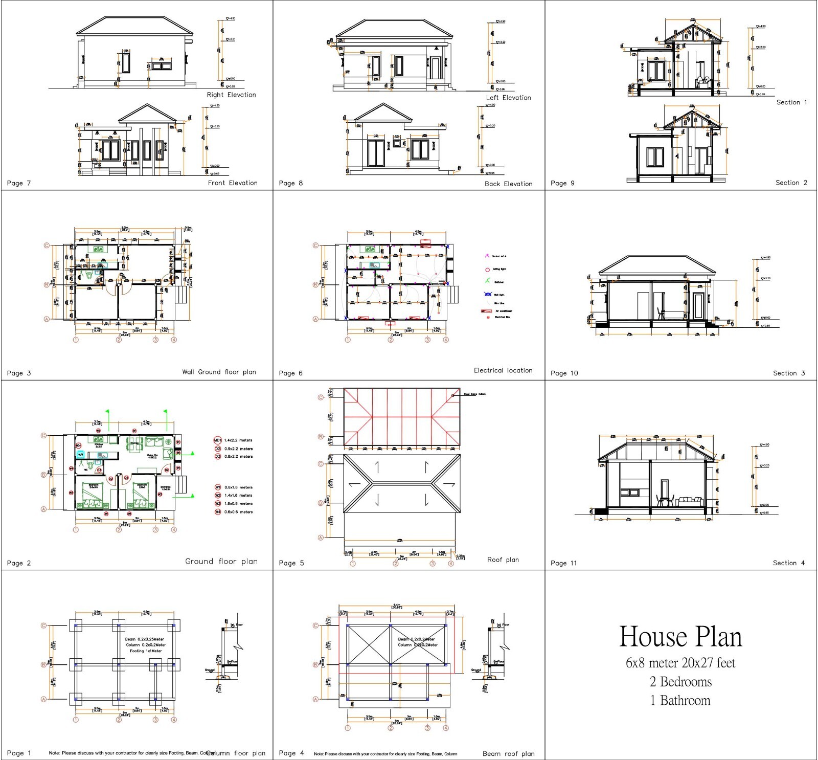 20×27 Feet Small House Plans 6×8 Meter 2 Bed 1 Bath Hip Roof PDF (A4 Hard Copy)