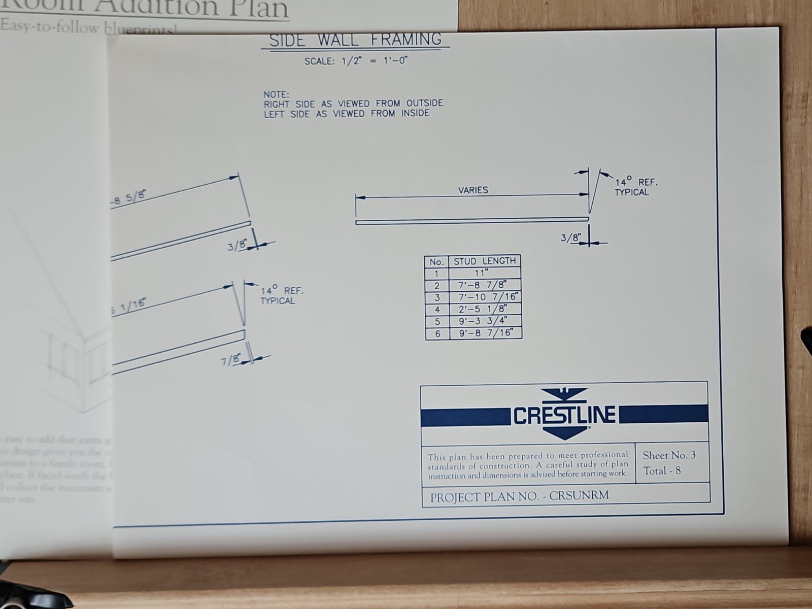 Crestline Room Addition Blueprints Complete Set Of 8