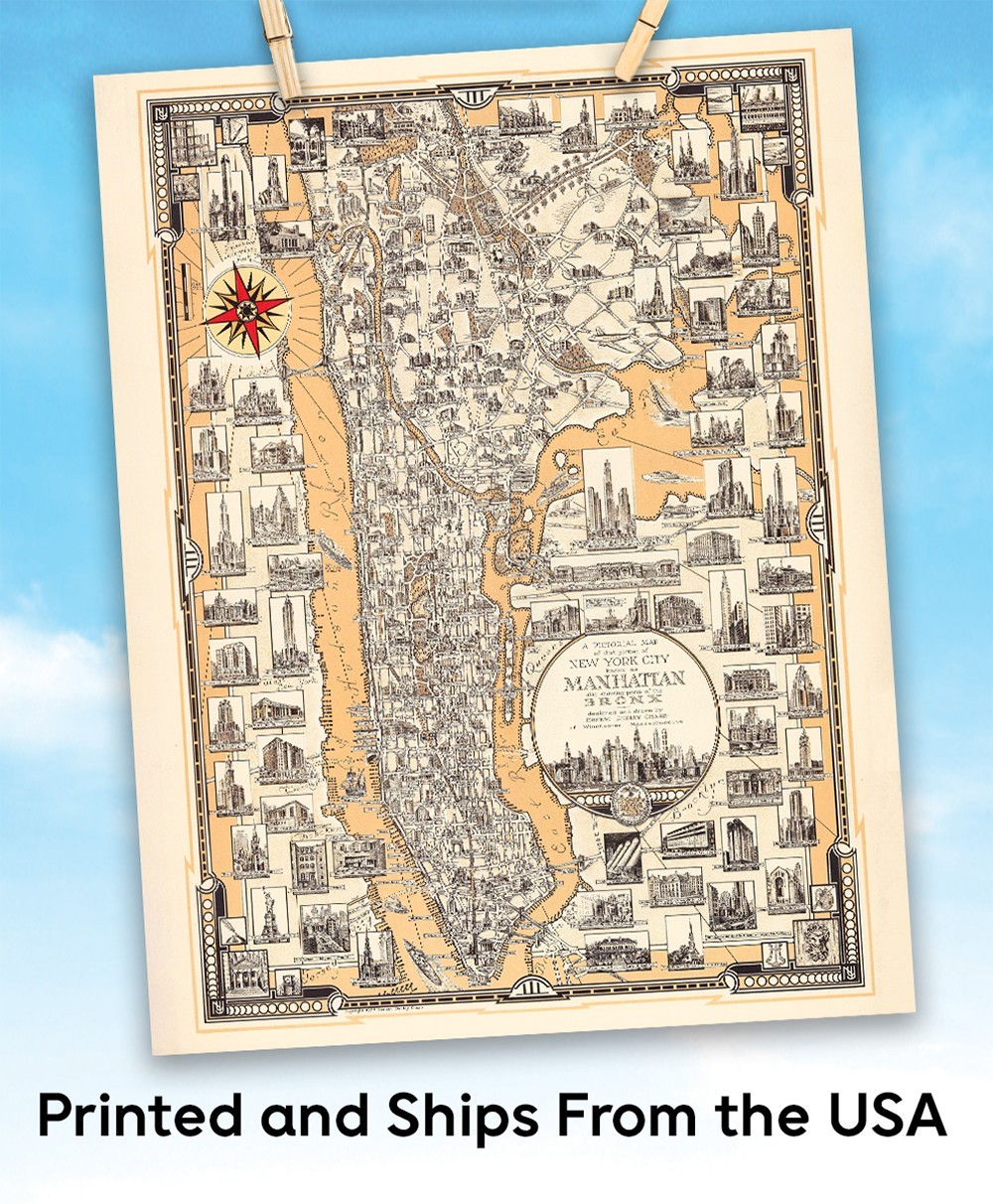 1939 Pictorial Map of Manhattan New York City Art Deco Print