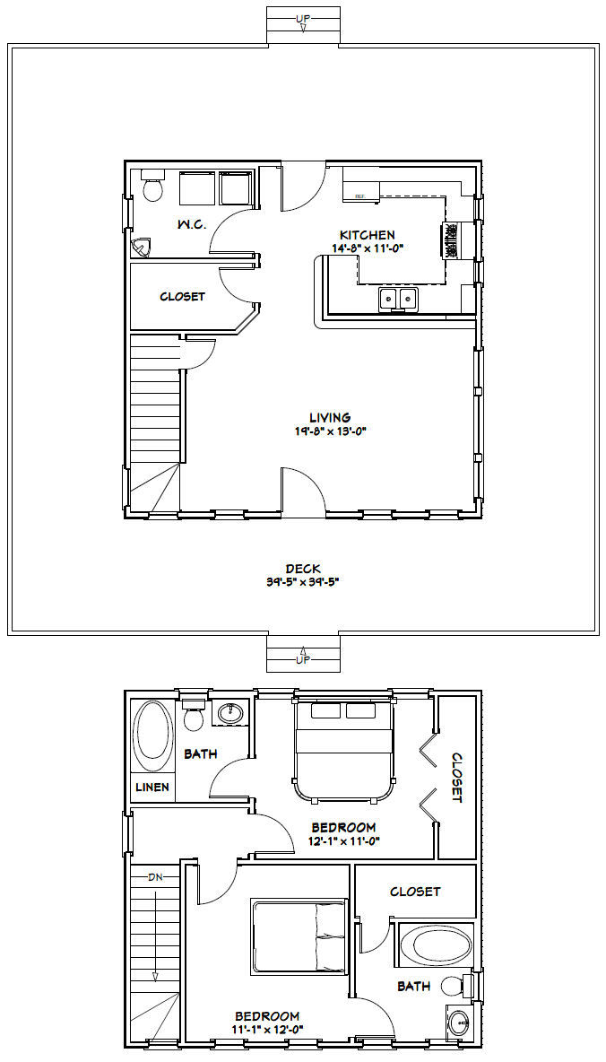 24×24 House — 2 Bedroom 2.5 Bath — PDF FloorPlan — 1,088 sqft — Model 12A