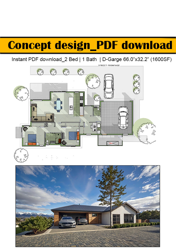 2 Bedroom, 1.5 Bath. 2 Car garage, (1600-SF) Concept house design: PDF DOWNLOAD