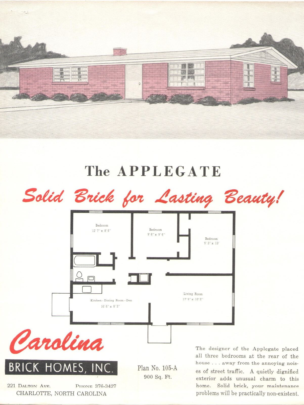 3 VINTAGE 1960s CAROLNA BRICK HOME PLANS ADVERTISING SHEETS! LAYOUTS! CHARLOTTE