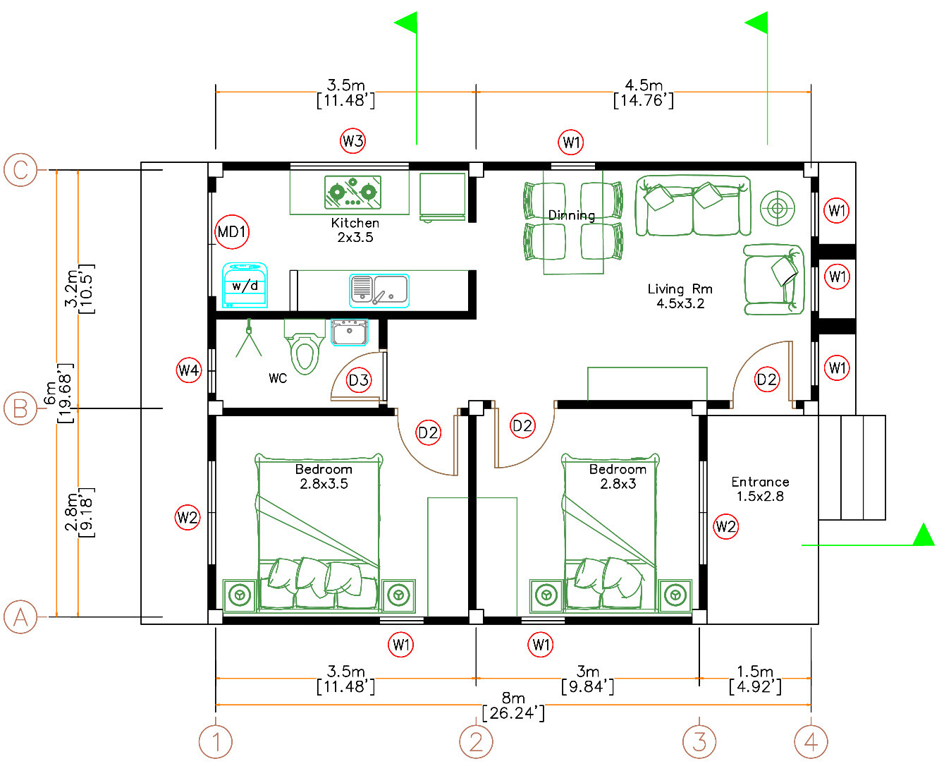 Custom Small House Plans 6×8 Meter 20×27 Feet 2 Beds 1 Bath (A4 Hard Copy)