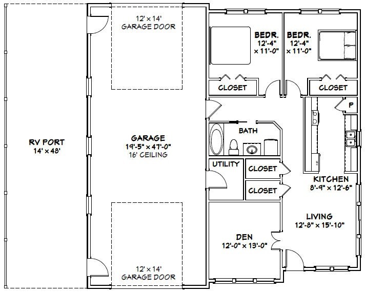 46×48 House – 2 Bedroom 1 Bath 1 RV – 1,157 sqft – PDF Floor Plan – Model 4B