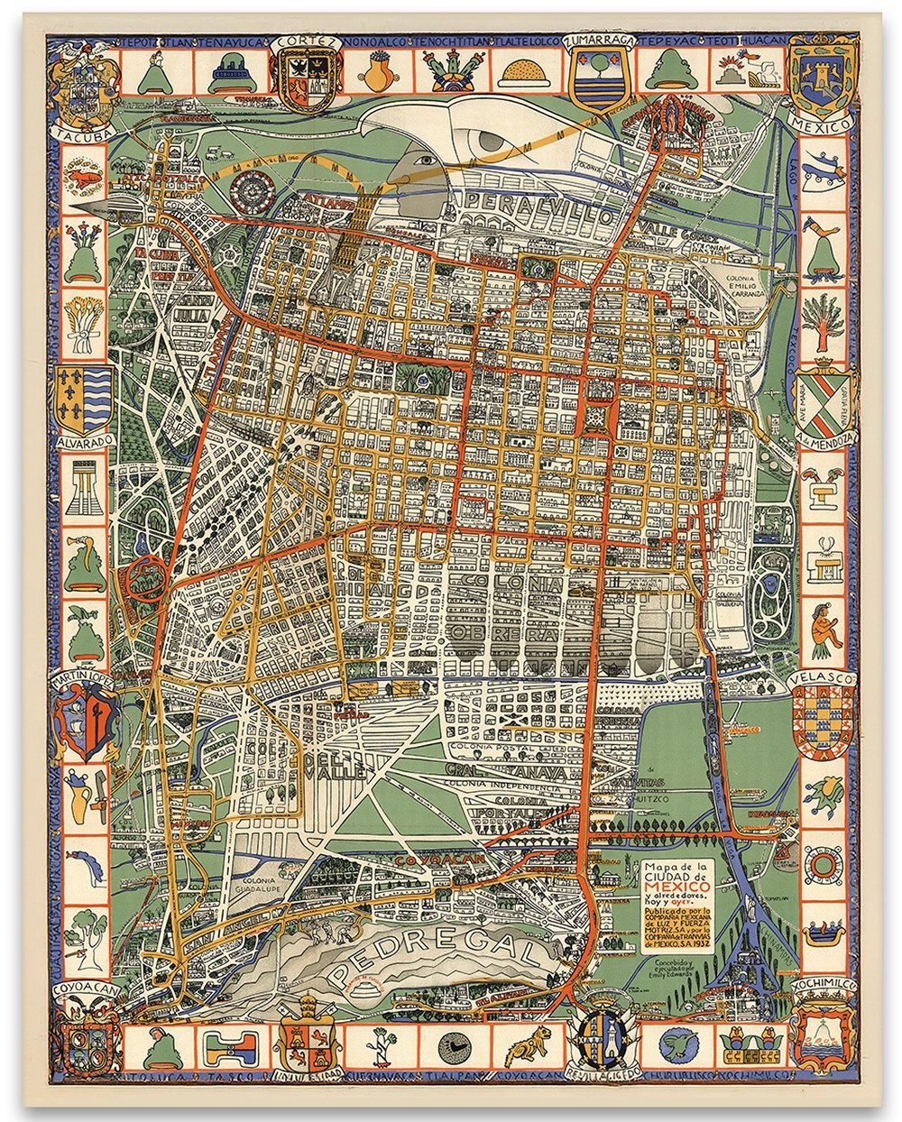 1932 Mexico City Pictorial Map Vintage Mexican Capital Poster Print