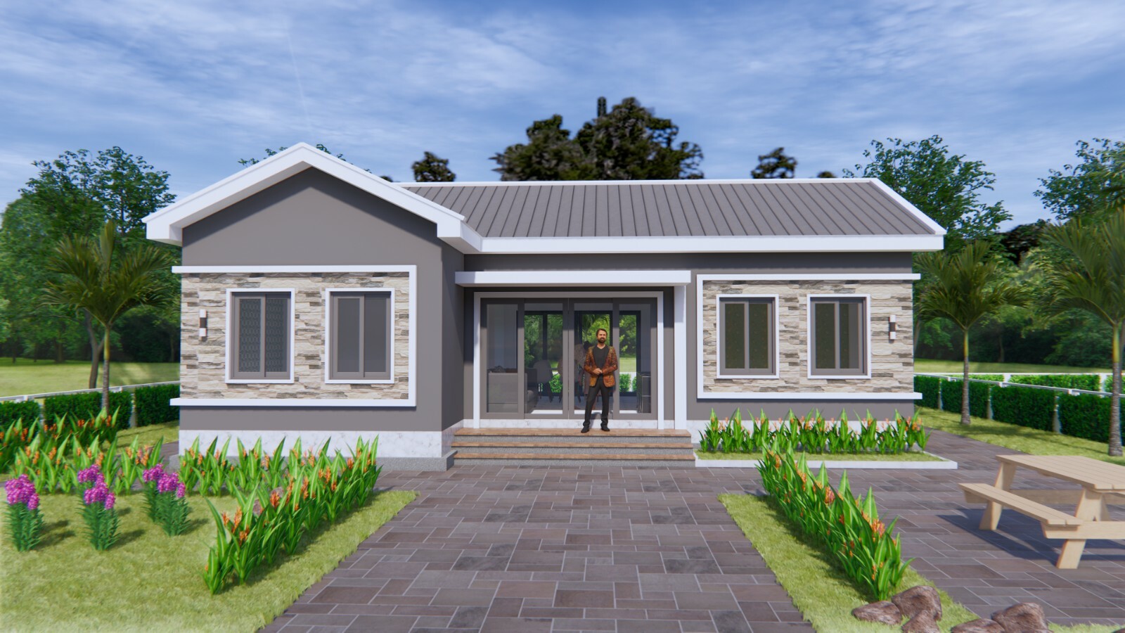 Bungalow House Plan 12×8 Meter 40×27 Feet 3 Beds 2 Baths Gable Roof A4 Hard Copy