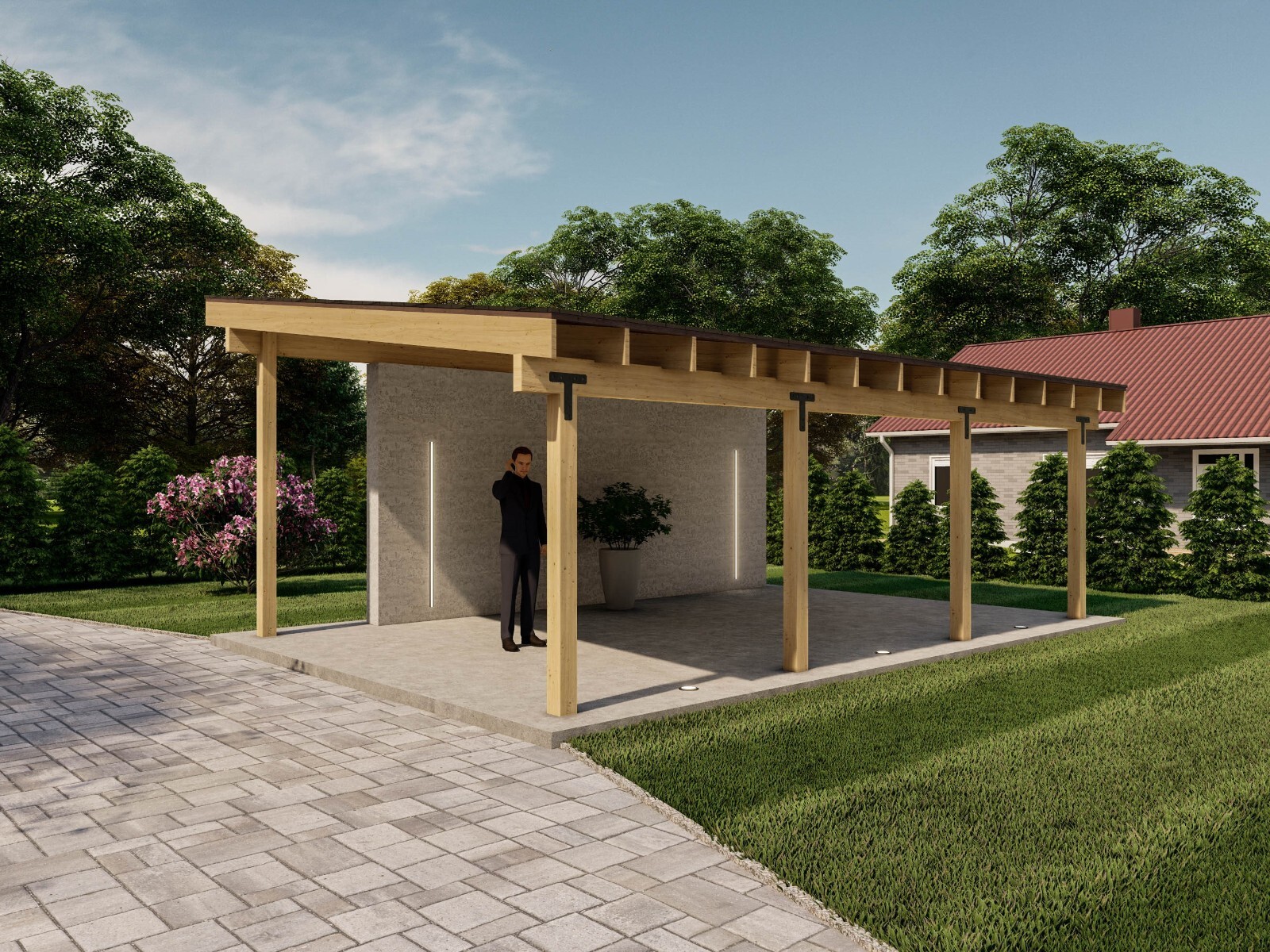 16×24 Lean to Pavilion Plans with Concrete Wall, Modern Carport Blueprints