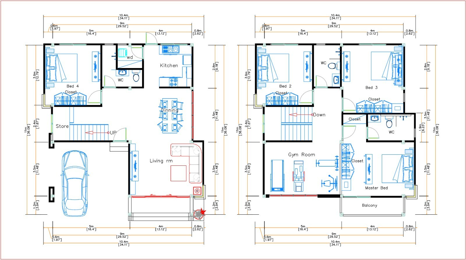 House Plans 30×36 Feet 9×11 Meter 4 Beds 3 Bath Hip Roof PDF Plan (A4 Hard Copy)