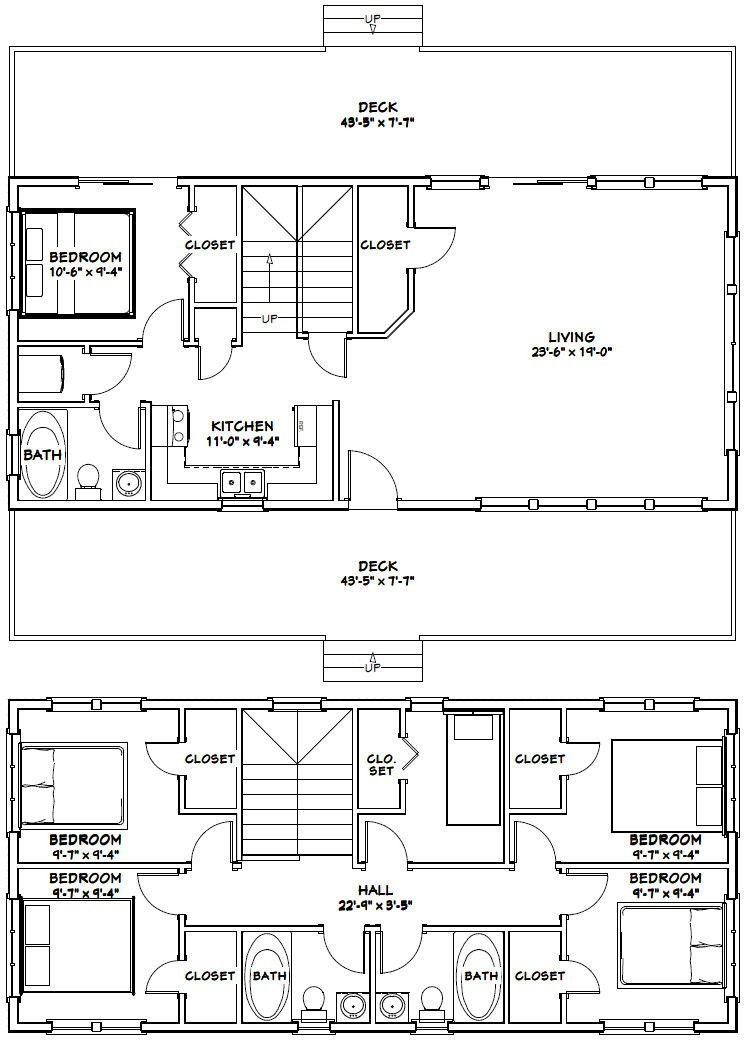 44×20 House — 6 Bedroom 3 Bath — 1,657 sq ft — PDF Floor Plan — Model 1A