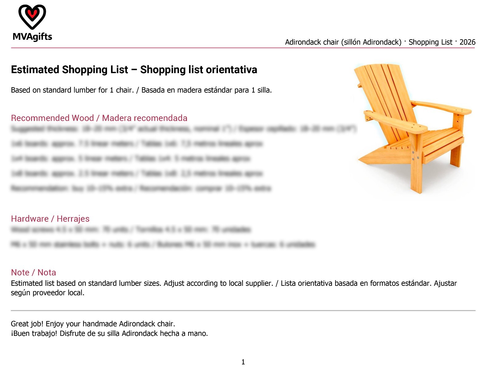 Complete plans + Assembly Manual to make an Adirondack chair from scratch – pdf