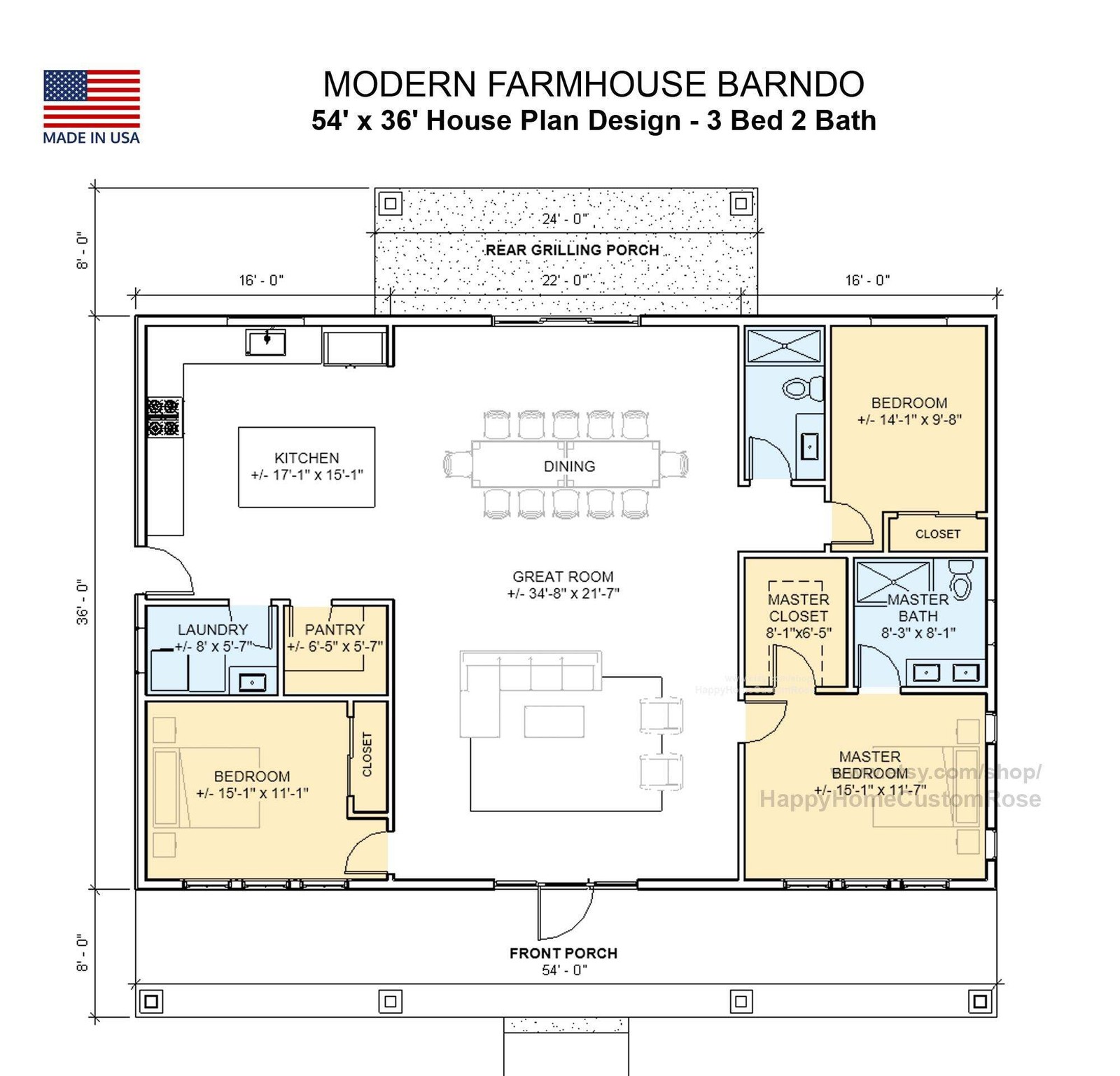 Bold Birch Barndominium Modern House Open Plan Design 54 x 36 – 3 Bed 2 Bath – D