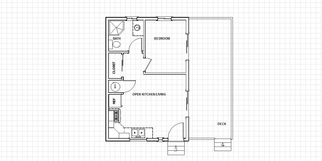 ADU PLANS 384 square feet with one bedroom and outdoor deck.
