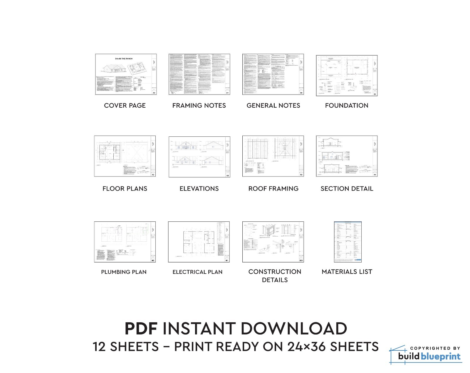 34×48 Modern Farmhouse Custom Architectural Ranch HouPlans 1632SF – PDF Download