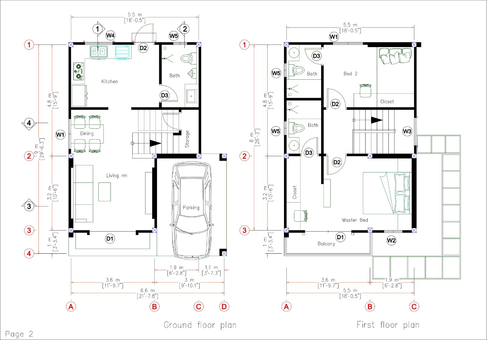 22×30 Feet Small House 6.6×9 Meter 2 Bed 3 Bath Shed Roof PDF, CAD &A4 Hard Copy