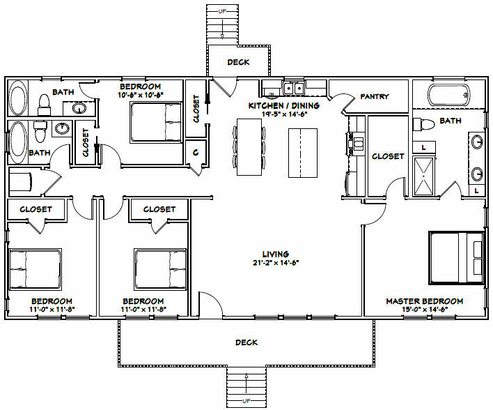 60×30 House — 4 bedroom 3 Bath — 1,800 sqft — PDF Floor Plan — Model 2E
