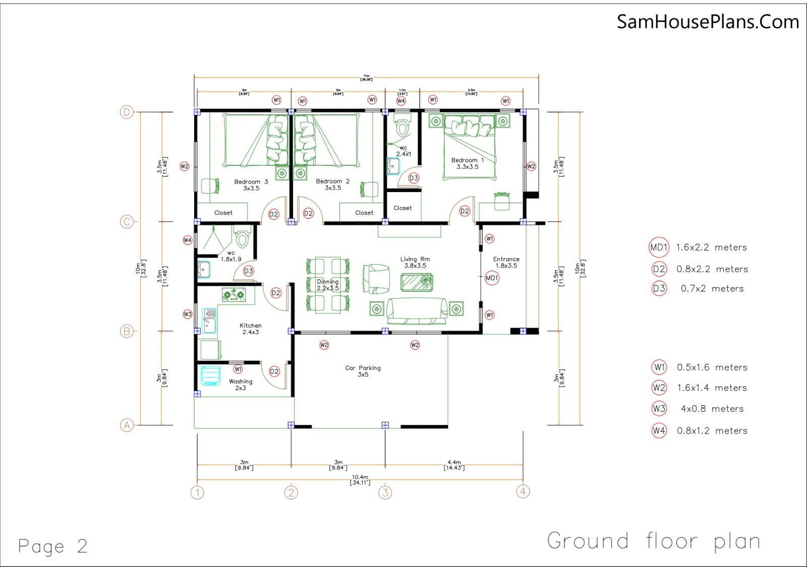 One Story House 10×11 Meter 33×36 Feet 3 Bedrooms Hip Roof PDF (A4 Hard Copy)