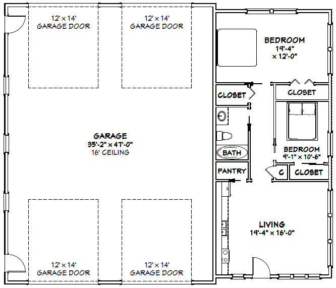 56×48 2 RV Garage – 2 Bedr 1 Bath – 2,649 sq ft – PDF Floor Plan – Model 2A