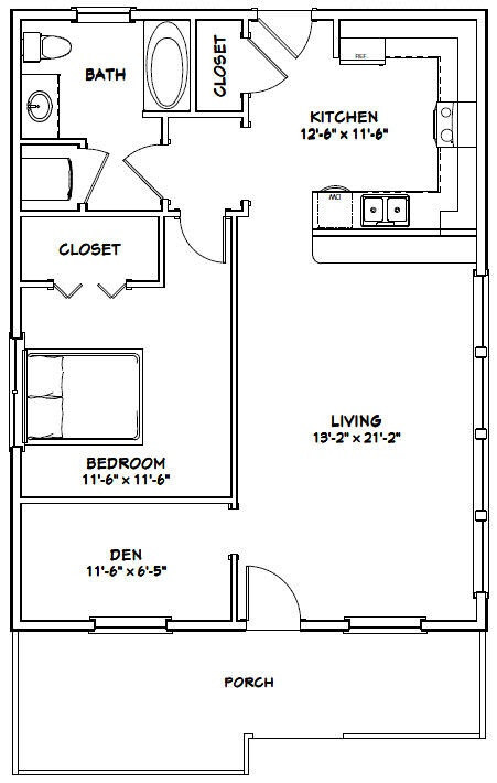 26×34 House — 1 Bedroom 1 Bath — 884 sq ft — PDF Floor Plan 1B