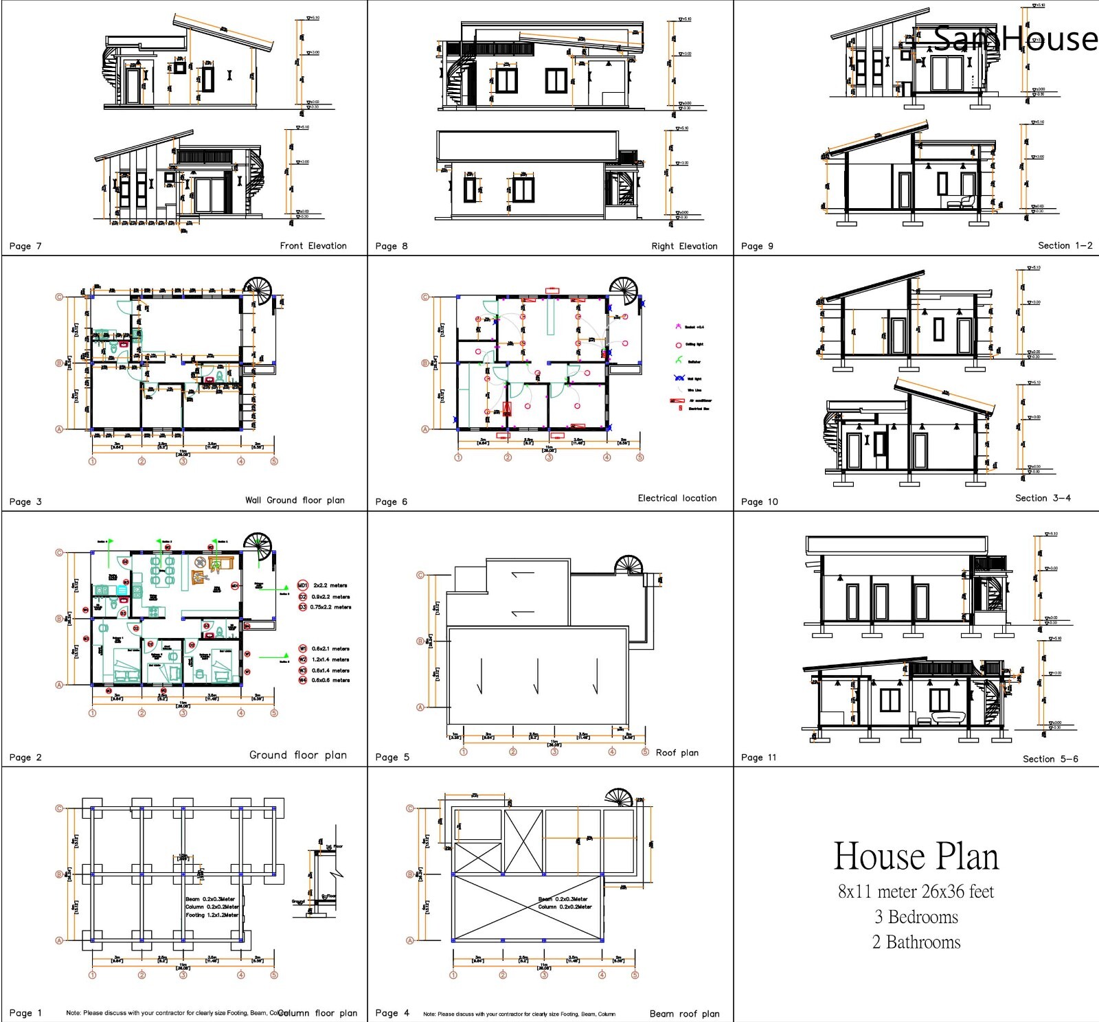 26×36 Small House Plan 8×11 Meter 2 Beds 2 Baths Small Shed (A4 Hard Copy)