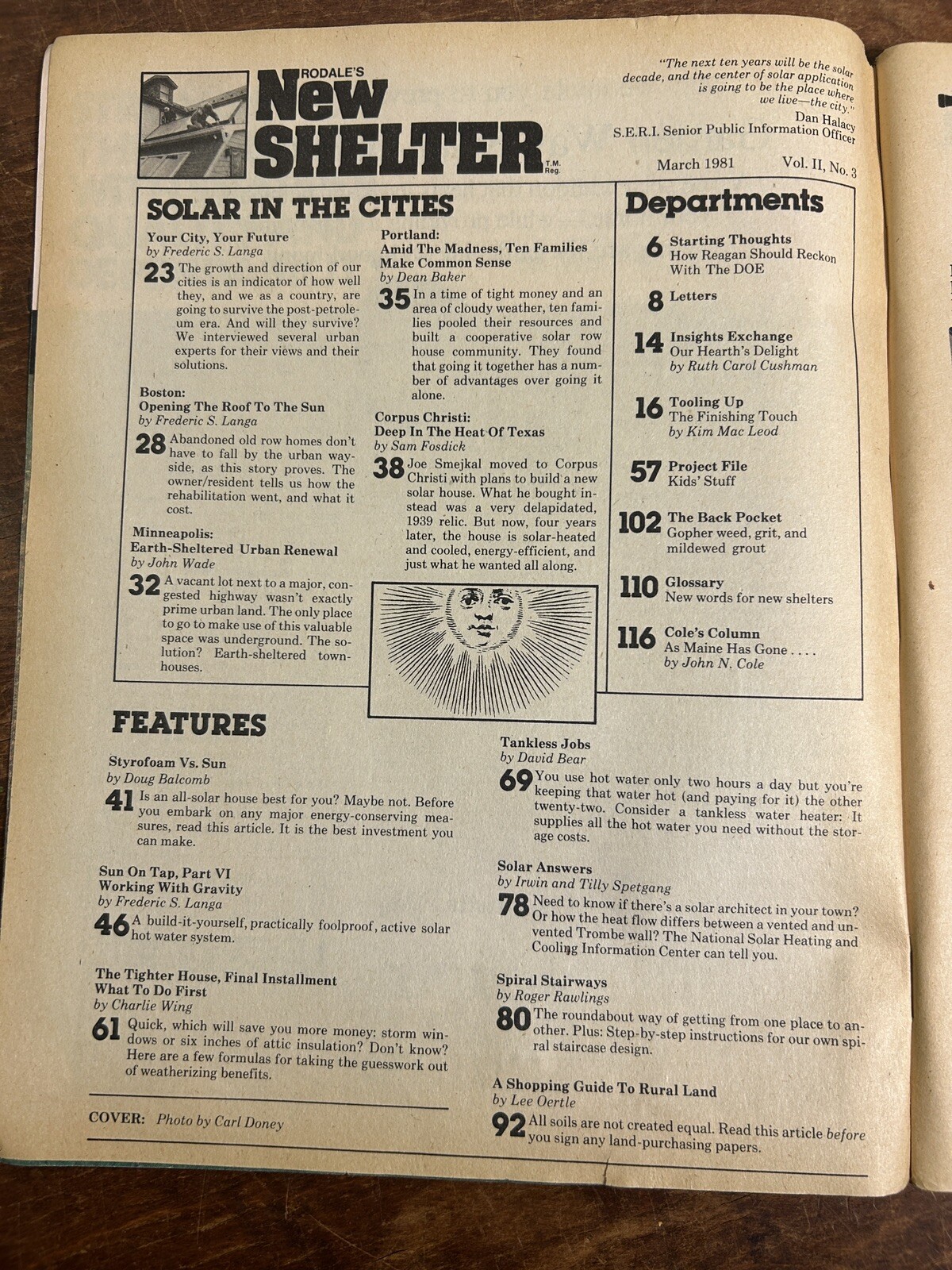 Rodale’s New Shelter Magazine March 1981 urban solar, tankless heaters, spiral
