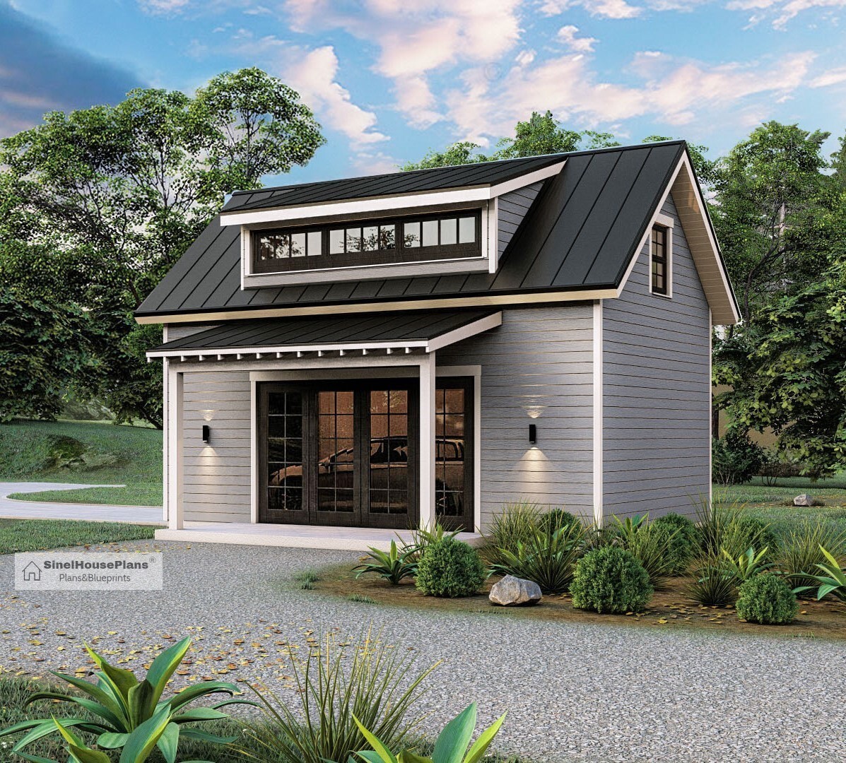 1-Car Detached Garage Plan with Loft and Covered Porch on the Side