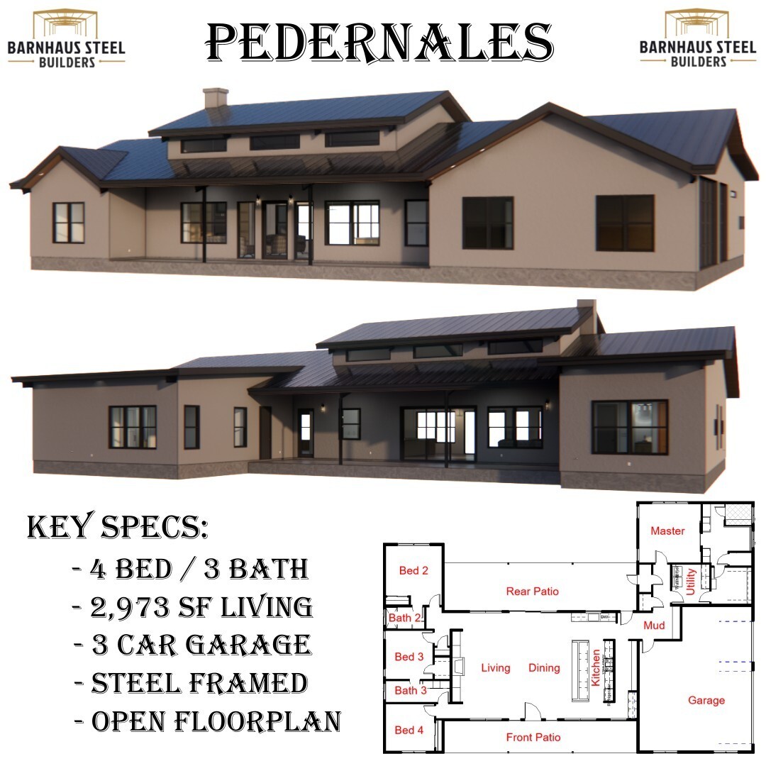 The Pedernales Barndominium – 4 Bedrooms / 3 Baths 2,973 SF Design Blueprints