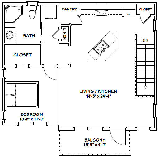 30×24 House — 1 Bedroom 1.5 Bath — 1,029 sq ft — PDF Floor Plan — Model 7B