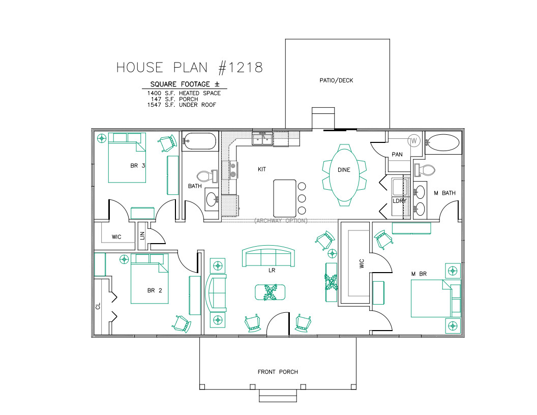 Ranch House Plans 1400 SF 3 Bed 2 Bath Open Floor – Split BR (Blueprints) #1218