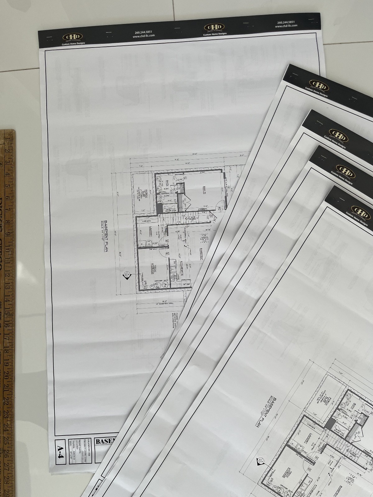 Set of Five (5) Three Page Architectural Drawings of Basement Plans Foundation