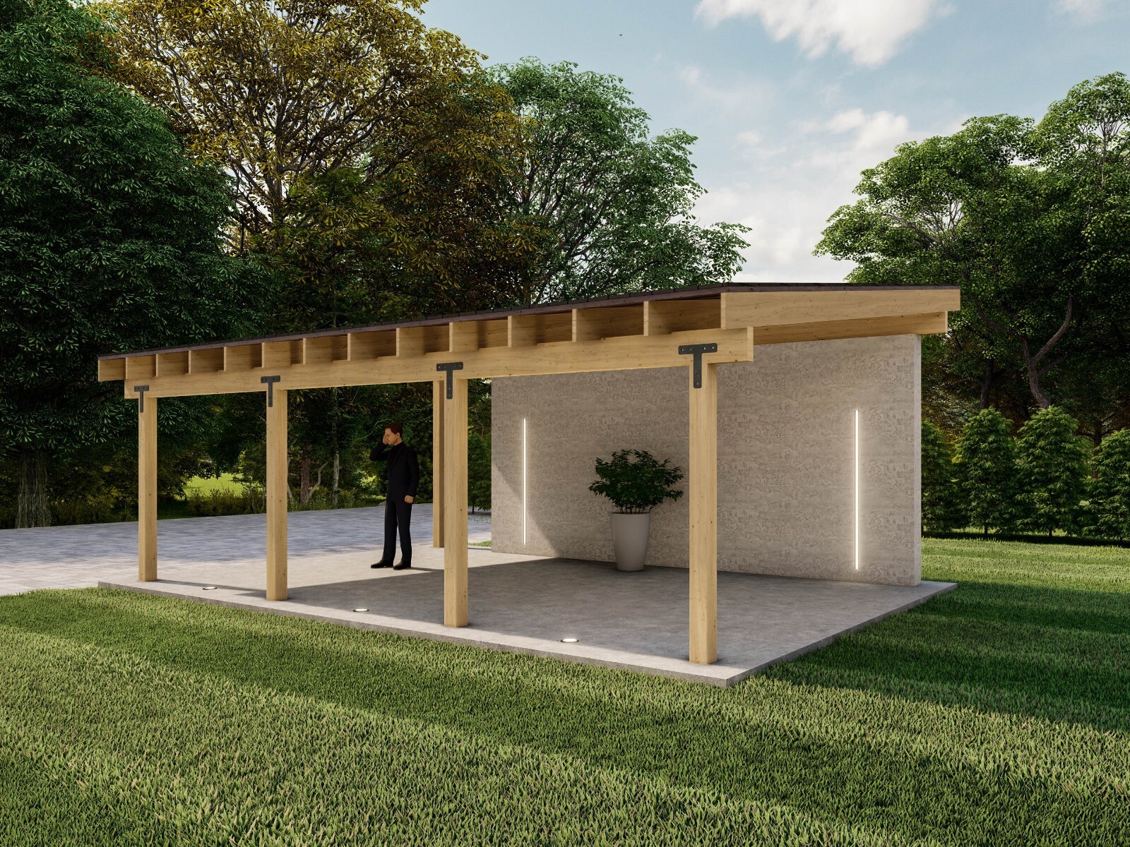 16×24 Lean to Pavilion Plans with Concrete Wall, Modern Carport Blueprints