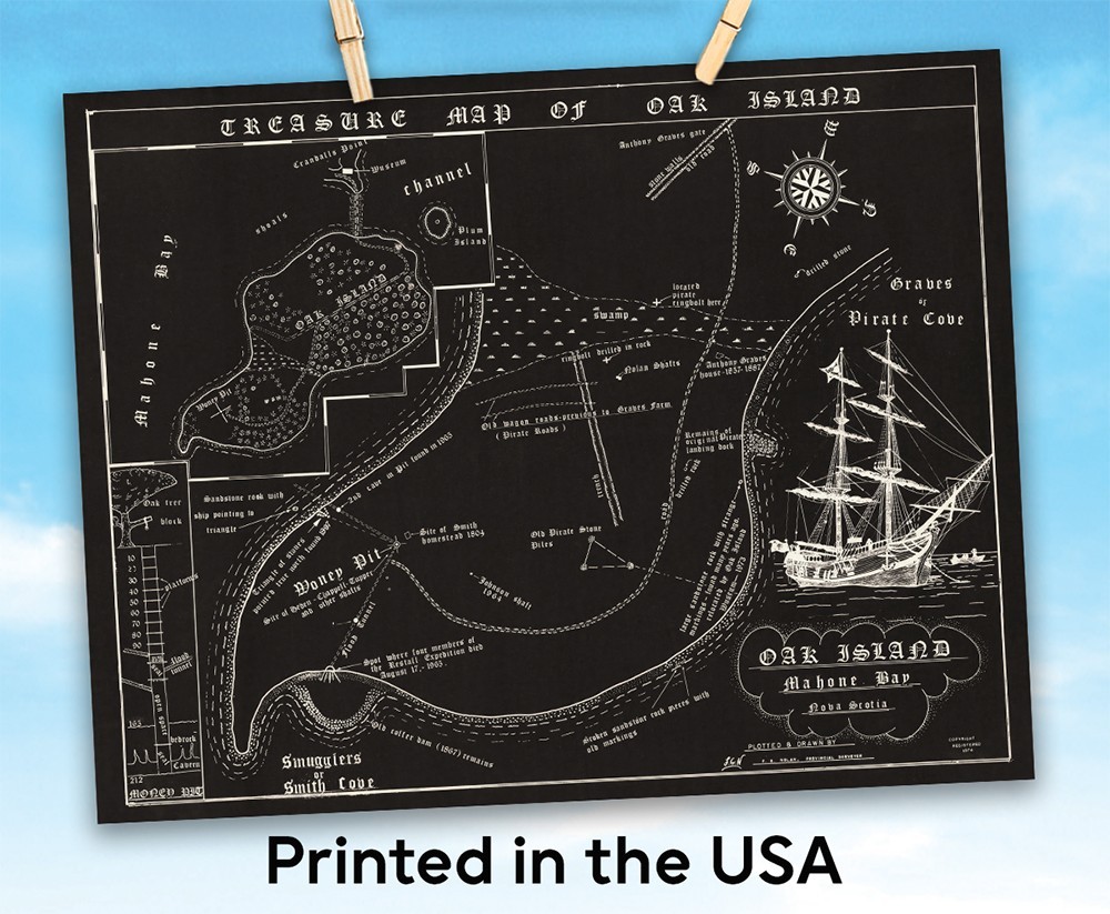 Oak Island Treasure Map Vintage Pirate Chart Nova Scotia Historic Wall Art