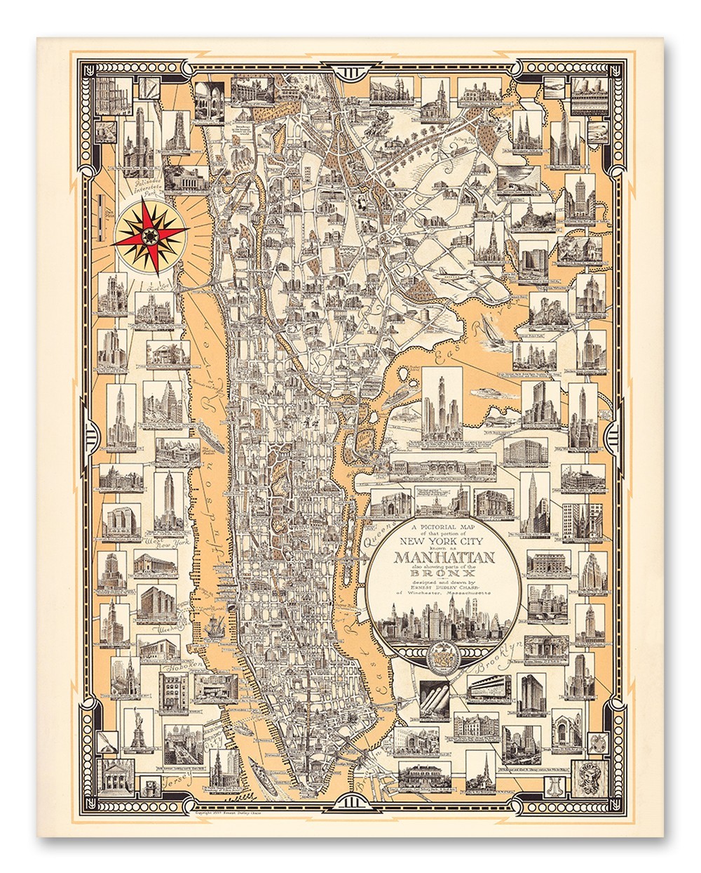 1939 Pictorial Map of Manhattan New York City Art Deco Print