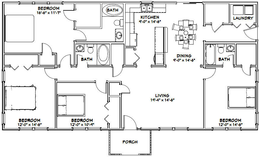 60×30 House — 4 bedroom 3 Bath — 1,800 sqft — PDF Floor Plan — Model 1