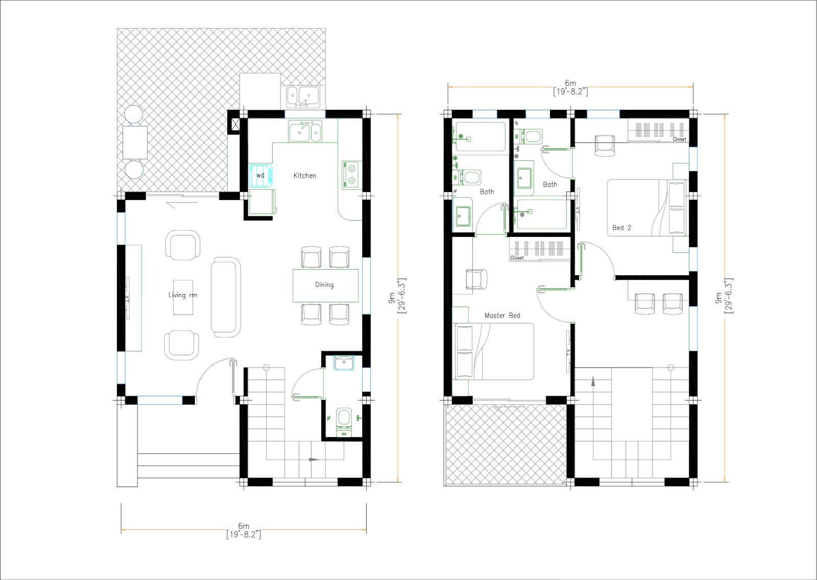 20×30 Feet Small House Plan 6×9 Meter 2 Beds 2 Baths PDF Plan (A4 Hard Copy)
