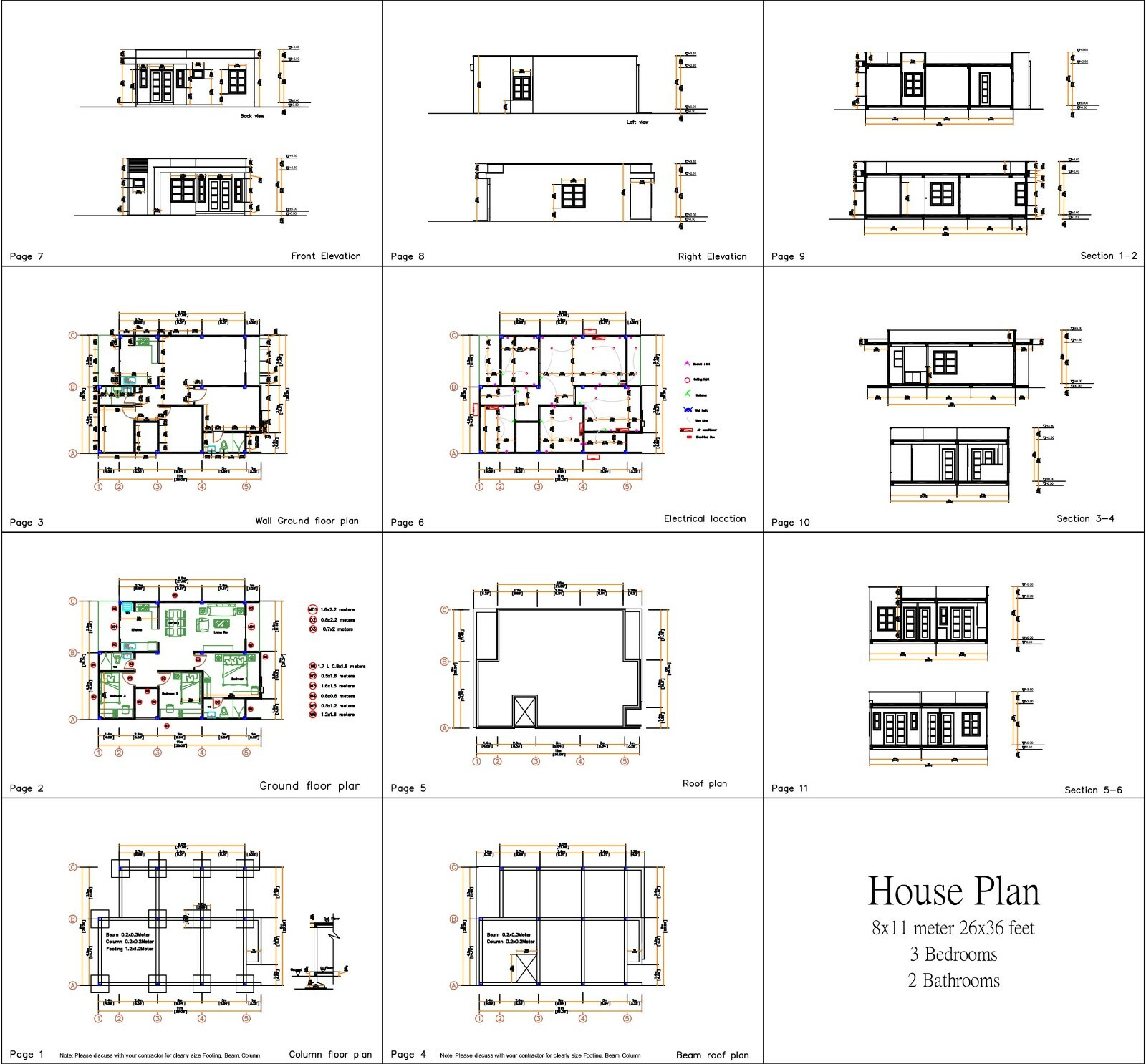 House Design Plan 8×11 Meter 26×36 Feet 3 Bedrooms Terrace Roof (A4 Hard Copy)
