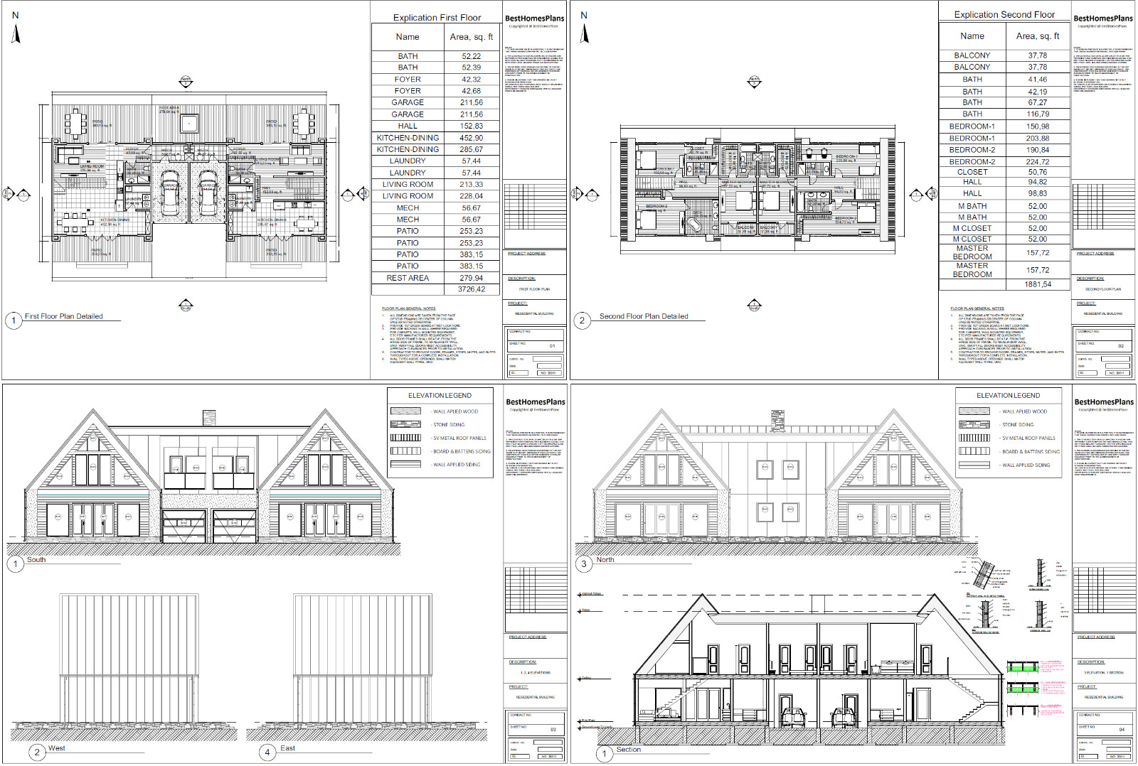 86’x29’ 6 Beds, 8 Baths Double A-Frame House Architecture Plans PDF Download.