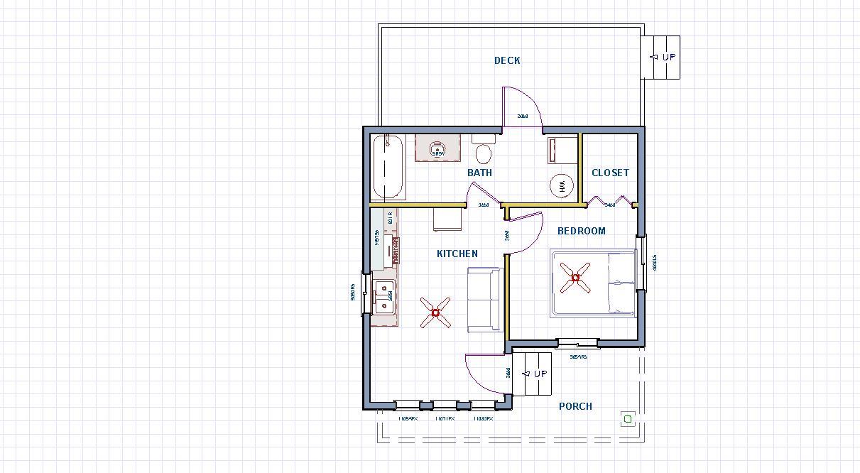 Cabin Construction Plans 400 sq. ft. one bedroom, open kitchen living room.