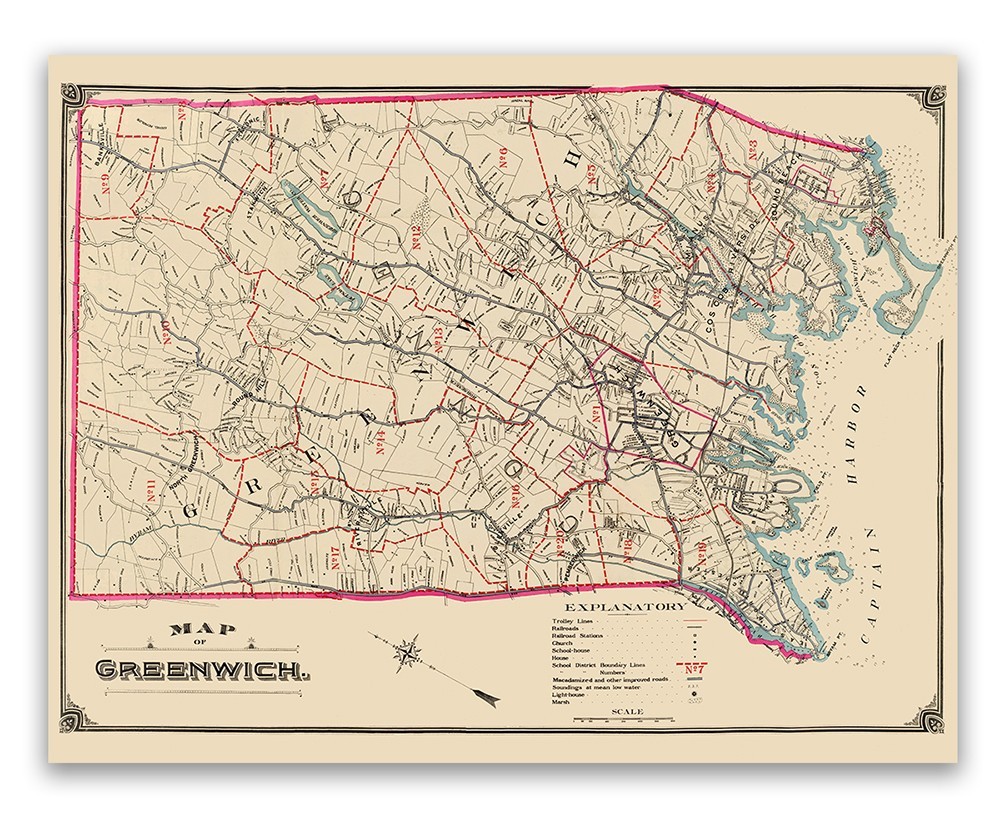 Map of Greenwich Connecticut Vintage Town Survey Historic New England Cartograph