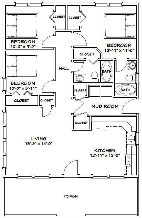 28×36 House — 3 Bedroom 2 Bath — 1,008 sq ft — PDF Floor Plan — Model 1G