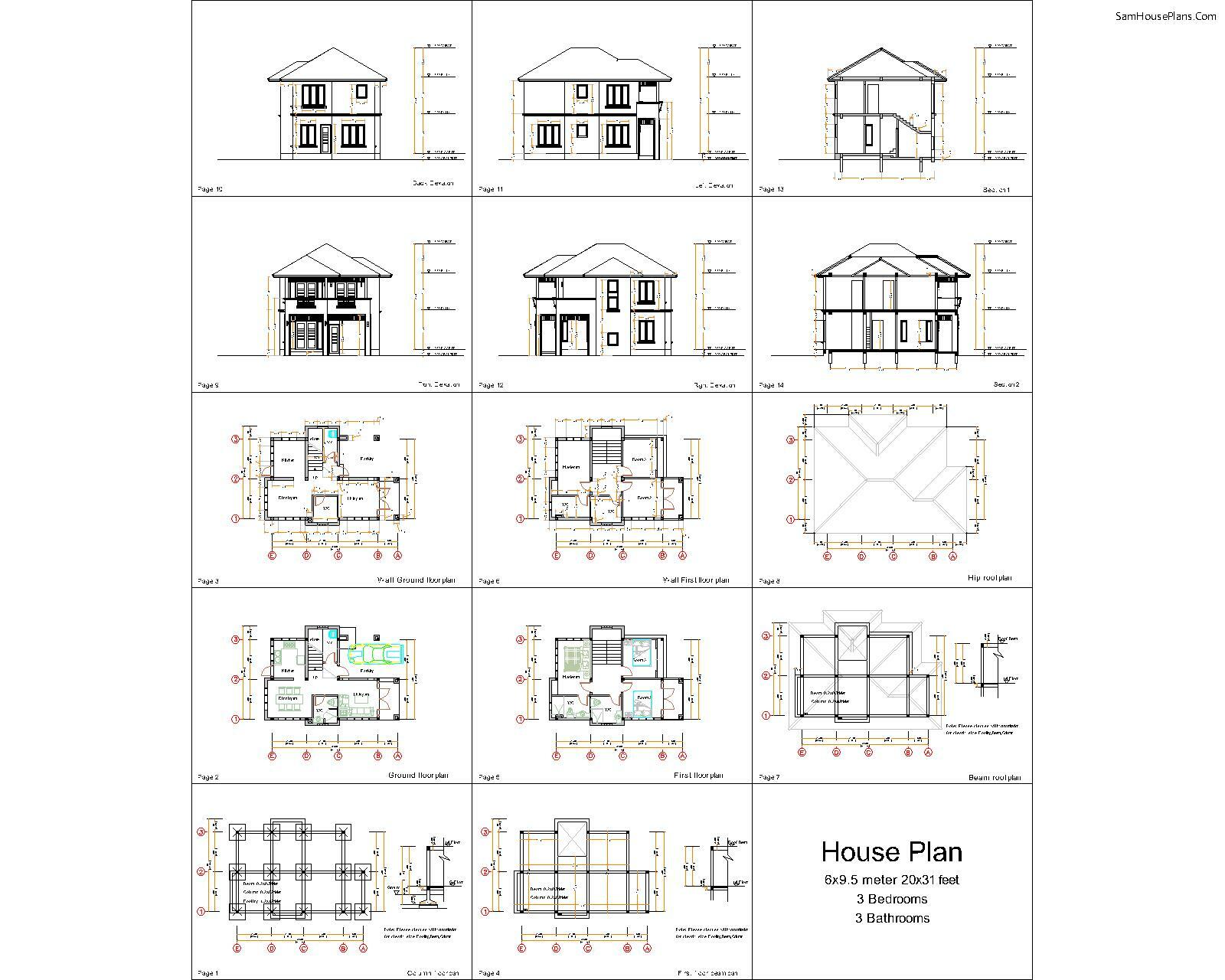 20×31 Feet Small House Plan 6×9.5 Meter 3 Beds 3 Baths Hip Roof (A4 Hard Copy)