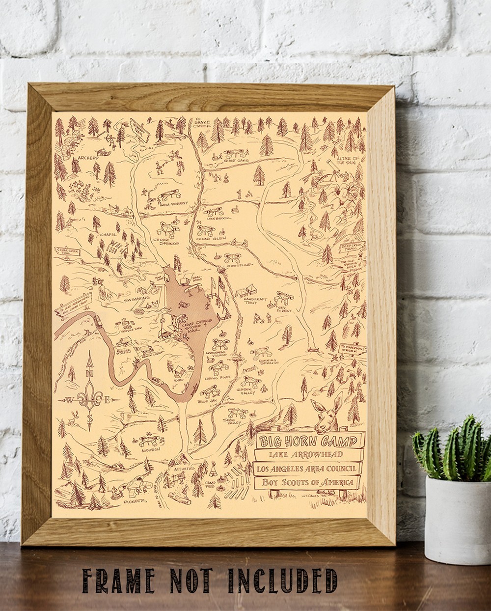 Big Horn Camp Lake Arrowhead 1955 Vintage Scout Camp Illustrated Map Wall Art